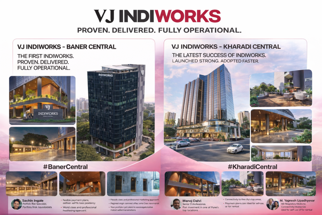 Collage of VJ IndiWorks Baner Central and Kharadi Central boutique office spaces by Vilas Javdekar Developers, highlighting fully operational commercial buildings and modern office infrastructure in Pune.