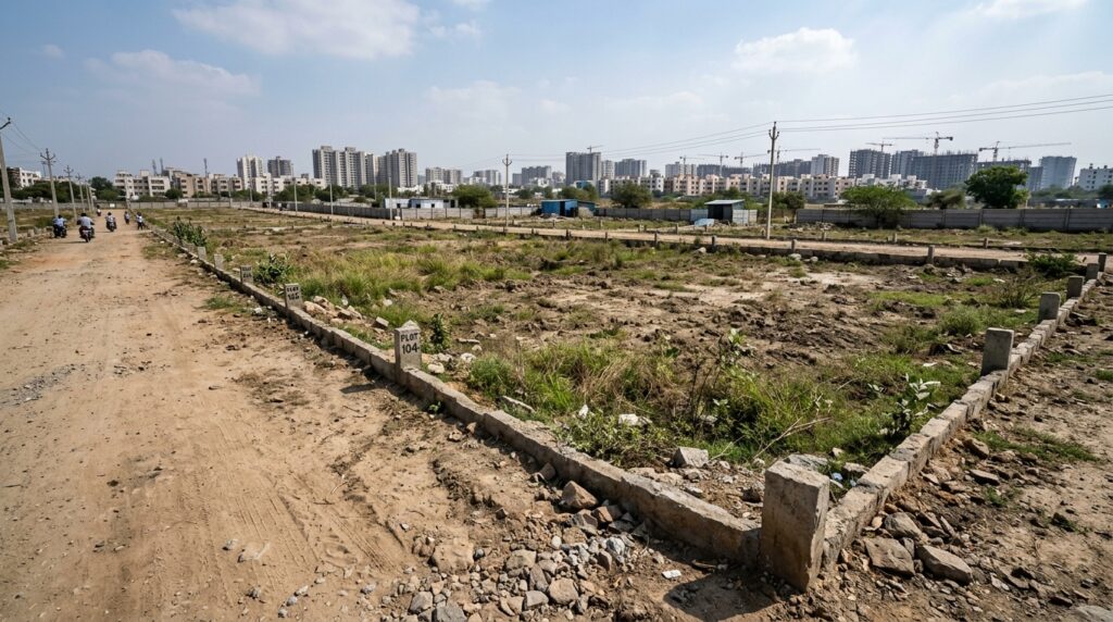 Wide-angle photograph of an undeveloped residential plot in a tier 2 Indian city outskirts, natural daylight, dirt road