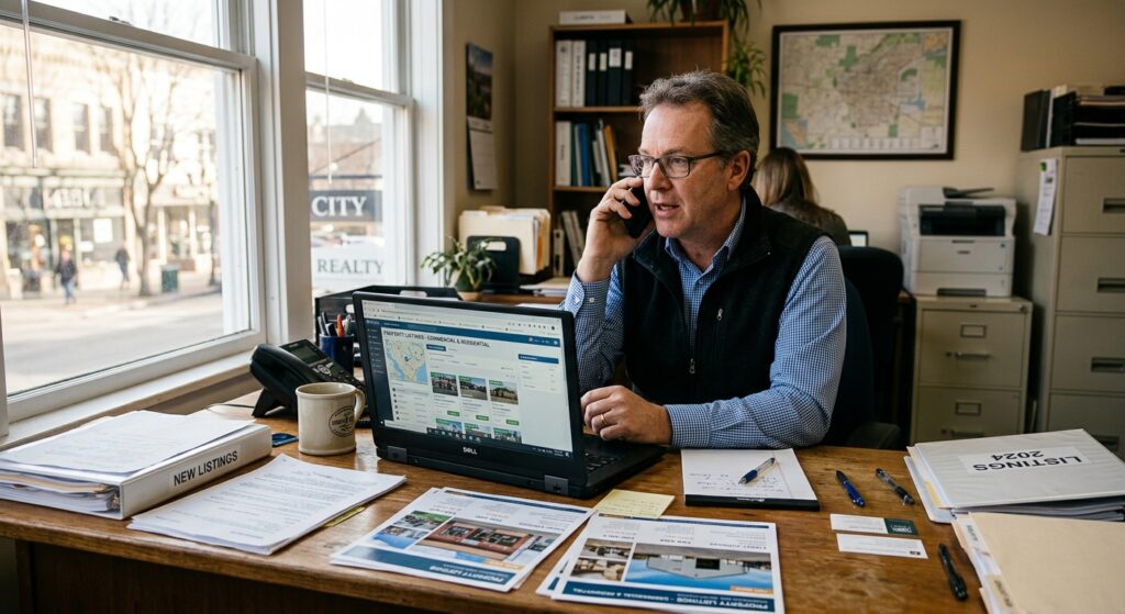 Photorealistic photograph of a small-business property broker sitting at a wooden desk in a modest office, laptop open s