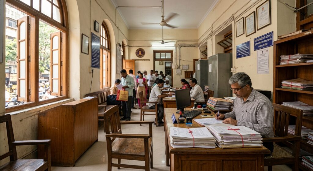 Photorealistic wide shot of an Indian property registration office interior, natural afternoon light through tall window