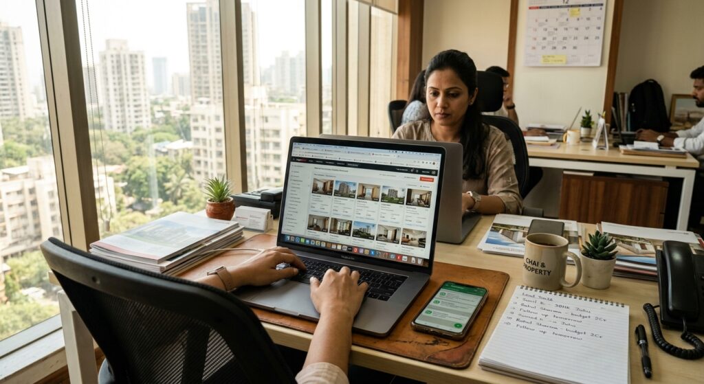 Photorealistic wide shot of a modern Indian real estate broker's office desk, natural daylight streaming through large w