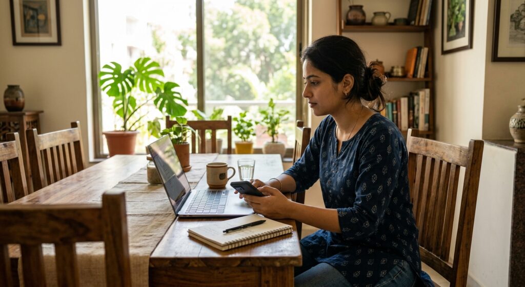 Photorealistic wide shot of a young Indian woman in casual clothing sitting at a wooden dining table, holding a smartpho