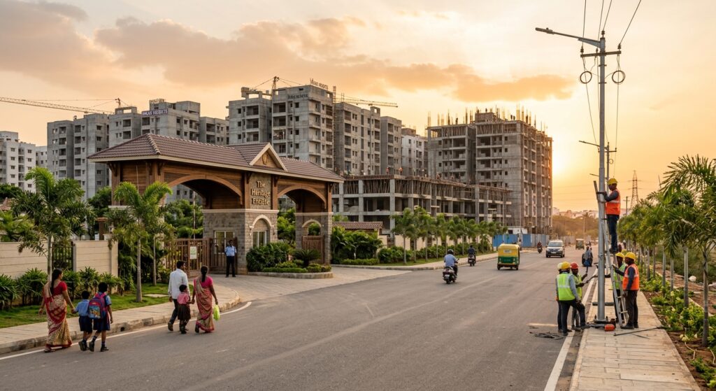 Photorealistic wide-angle view of a developing residential neighborhood in India during golden hour, showing a mix of co