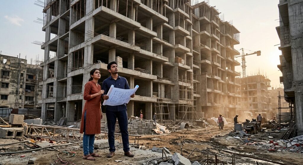 A young Indian couple standing in front of an under-construction residential building site, holding rolled architectural