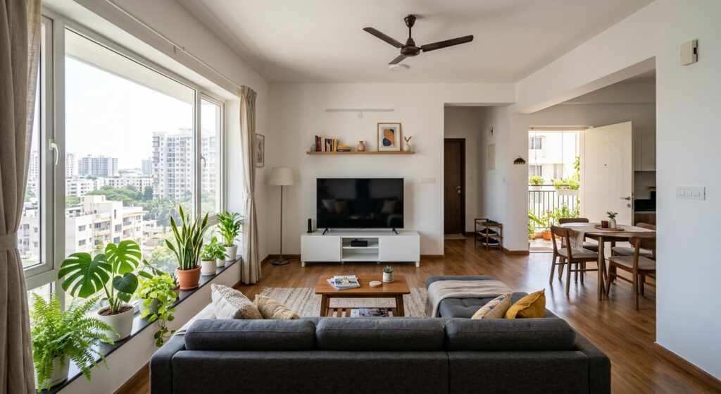 Photorealistic wide shot of a well-lit modern 2BHK apartment living room in an Indian metro city, natural daylight strea