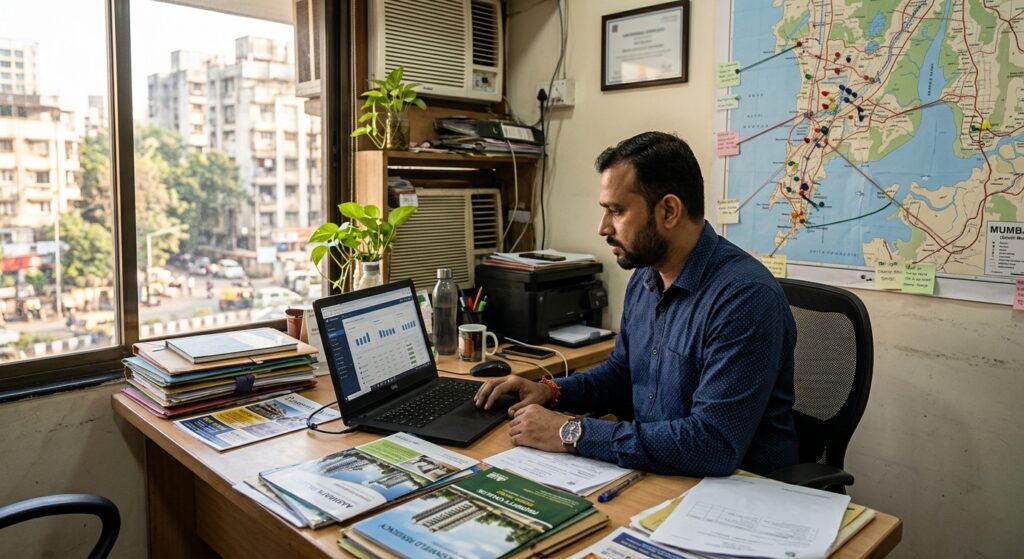 Photorealistic wide shot of a real estate consultant sitting at a desk in a modest office, surrounded by property brochu