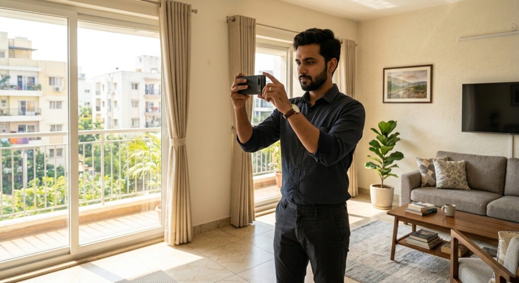 Photorealistic wide shot of a real estate seller holding a modern smartphone horizontally at eye level, filming inside a