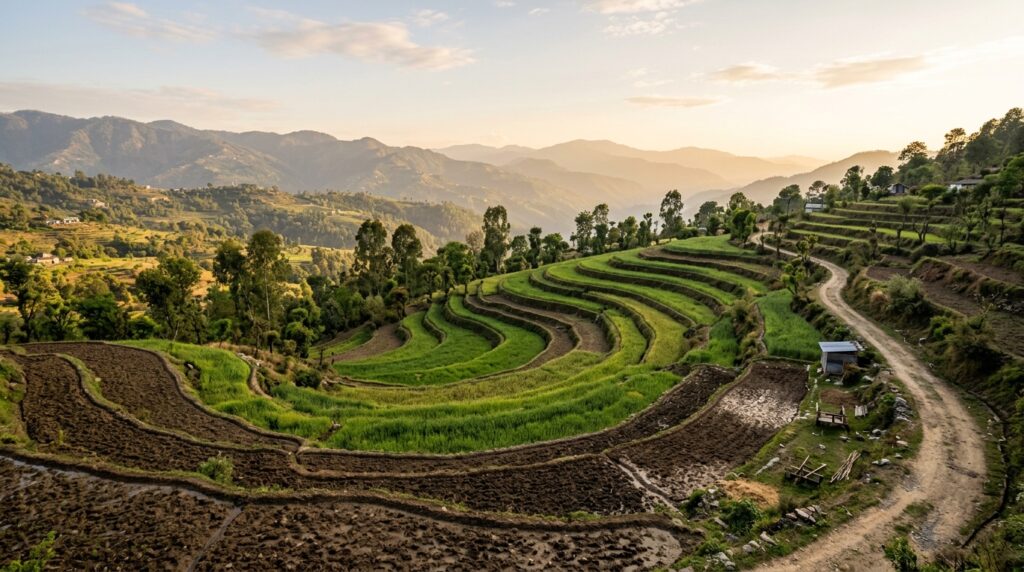Wide-angle photograph of terraced agricultural farmland in rural India at golden hour, rich soil in foreground, green cr