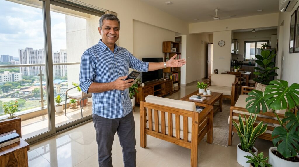 Wide-angle photorealistic shot of a middle-aged Indian homeowner standing in the sunlit living room of a modern 2BHK apa