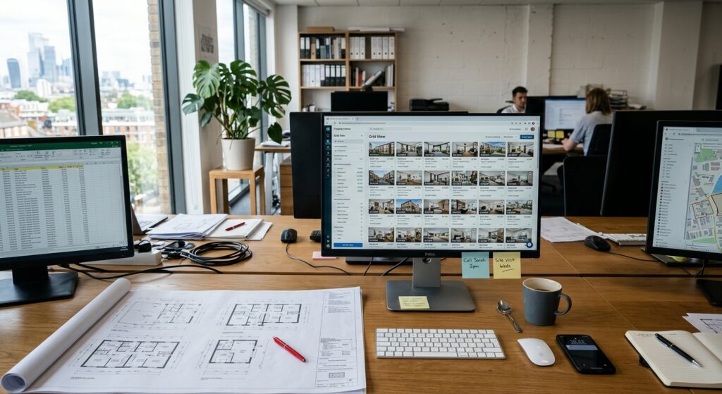 Photorealistic wide-angle shot of a modern real estate developer's office workspace, natural daylight streaming through