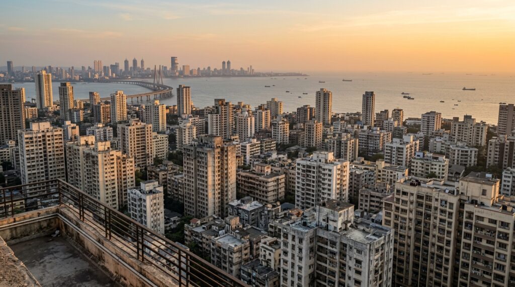 Wide-angle photorealistic shot of Mumbai's skyline at golden hour, showing a dense mix of high-rise residential towers i