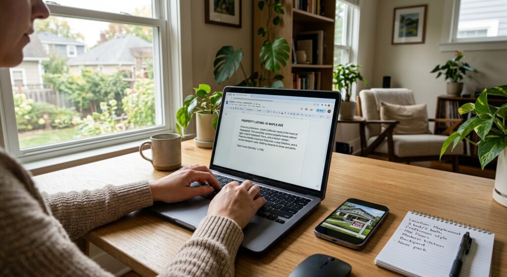 Photorealistic wide-angle photograph of someone typing a property listing description on a laptop at a clean wooden desk