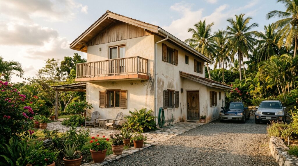 Wide-angle photograph of a mid-sized weekend villa exterior during late afternoon, natural warm sunlight casting long sh