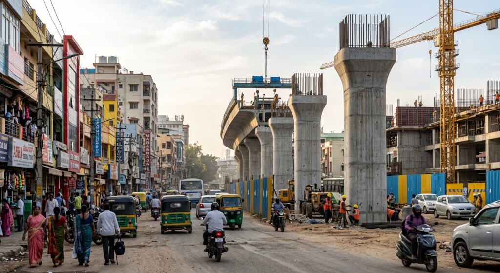 Photorealistic wide-angle photograph of an urban metro construction site in an Indian city, early morning natural light,