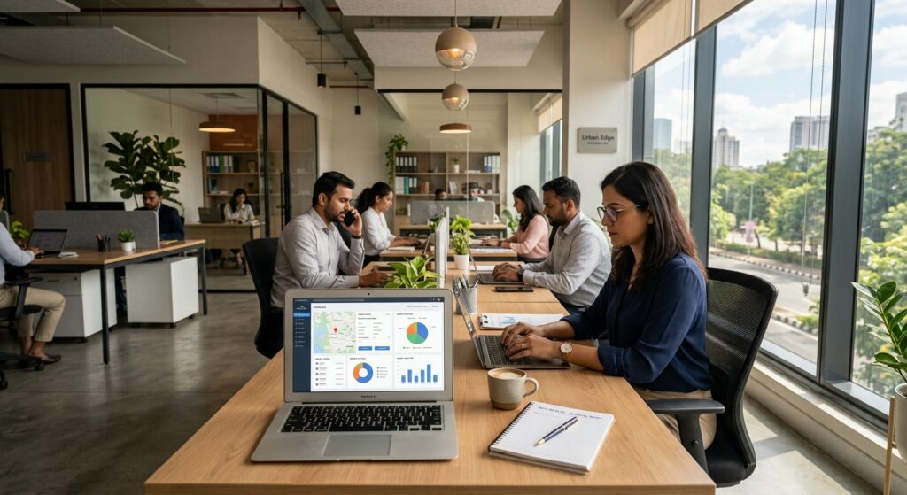 Photorealistic wide shot of a modern Indian real estate office interior, natural afternoon light streaming through large