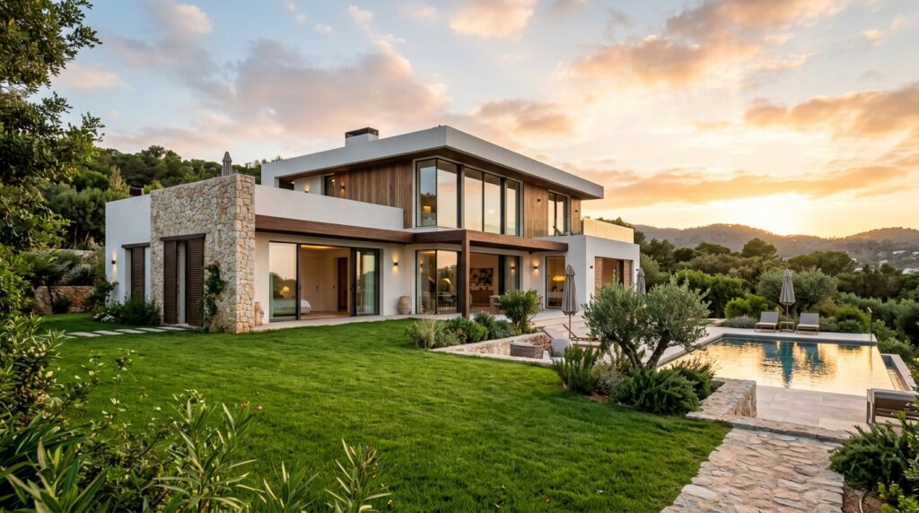 Wide-angle shot of a modern luxury villa exterior at golden hour, natural warm sunlight illuminating white walls and lar