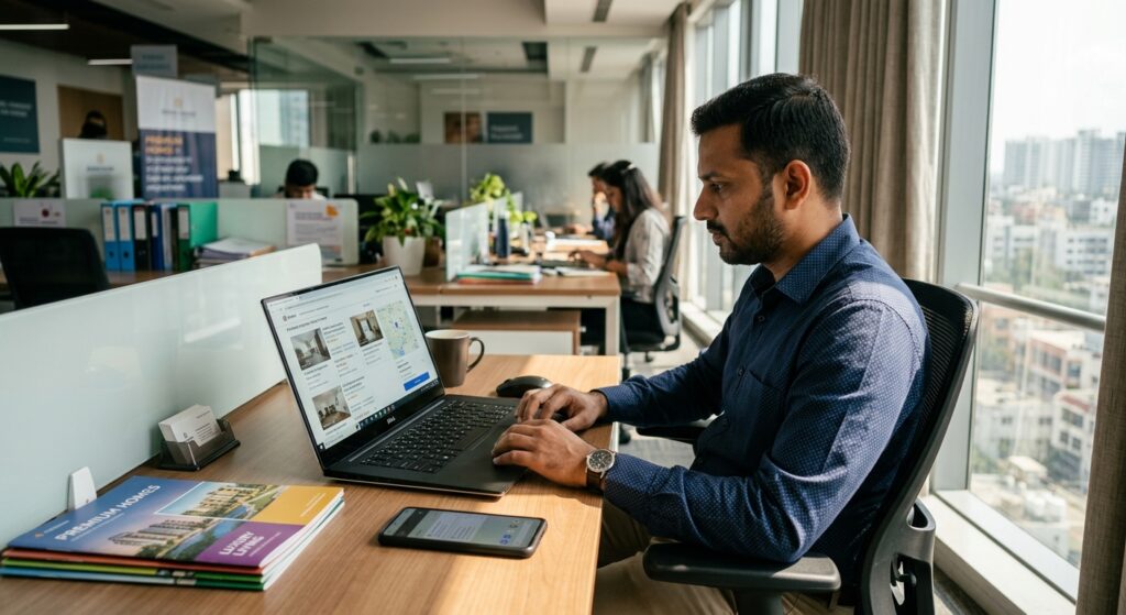 Photorealistic shot of an Indian real estate broker in his mid-30s sitting at a clean desk in a modern office, reviewing