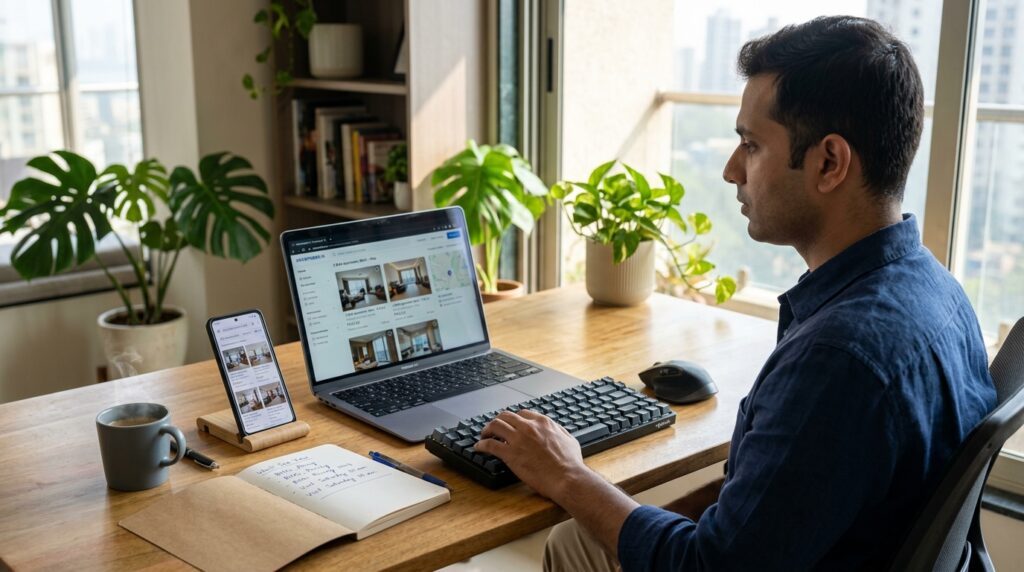 Wide shot of a modern Indian professional at a clean wooden desk, natural morning light from a large window, reviewing p