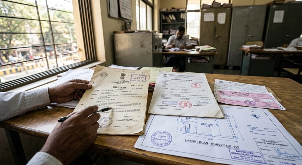 Photorealistic image of a well-lit government office desk with official property documents spread out — title deed, encu