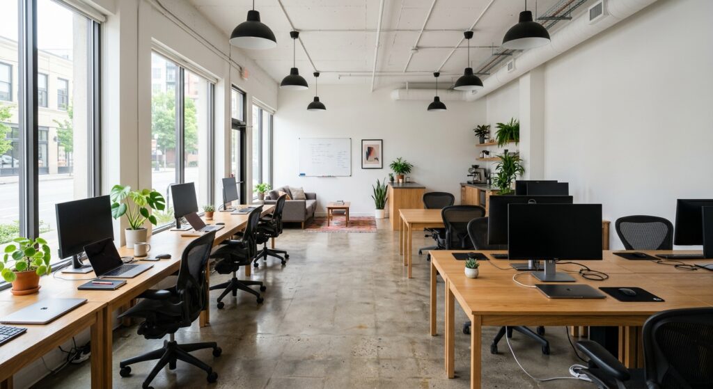 Photorealistic wide-angle interior photograph of a small modern startup office space, approximately 800 square feet, wit
