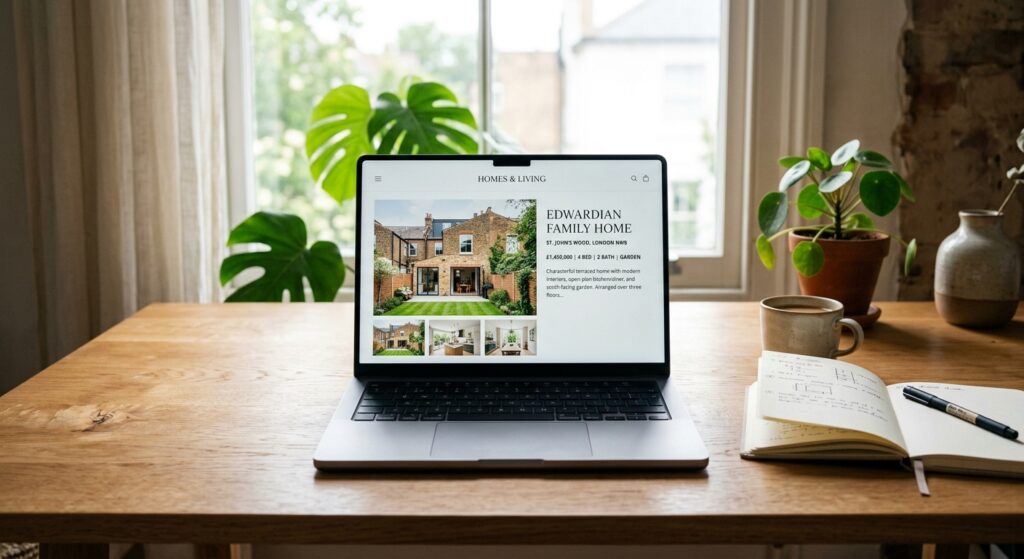 A clean, modern minimalist desk setup in natural daylight, showing a laptop screen open to a property listing webpage wi