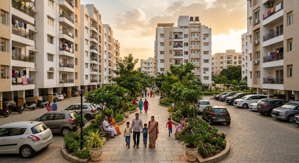 Photorealistic wide-angle photograph of a modern Indian residential apartment complex courtyard at golden hour, natural