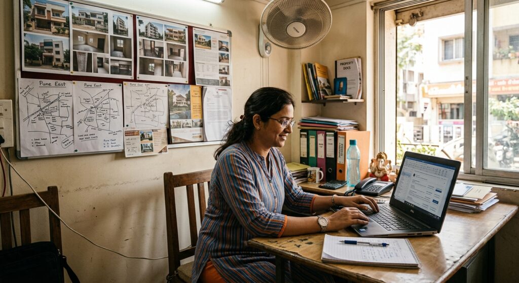 Photorealistic photograph of a small independent real estate broker working at a modest office desk with a laptop, natur