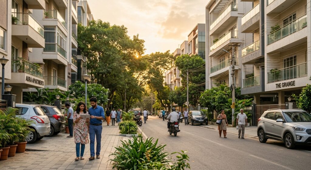 Photorealistic wide-angle shot of a modern Indian residential neighborhood at golden hour, tree-lined street with mid-ri