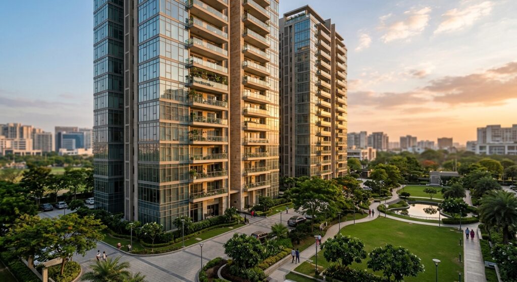 Photorealistic wide shot of a modern residential property in Gurgaon during late afternoon golden hour. Contemporary hig