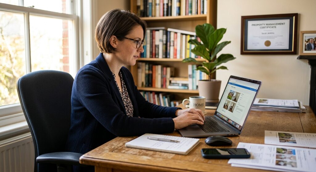 Photorealistic image of a real estate agent or property owner sitting at a desk in a home office, uploading property pho