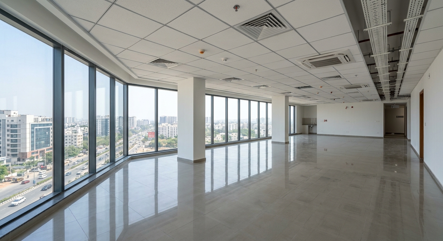 Photorealistic interior photograph of an empty commercial office space in India, approximately 2000 square feet open flo