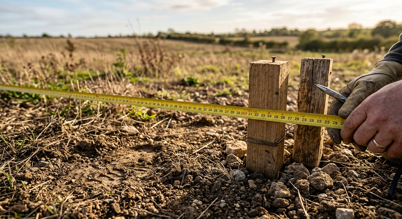 Close-up photograph of a surveyor's measuring tape and boundary pegs on raw land, natural outdoor lighting, soil and sma