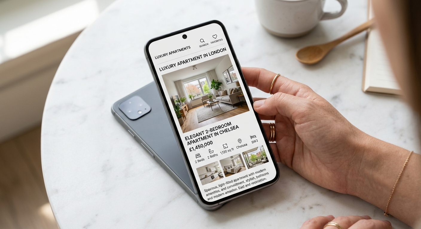 Photorealistic overhead shot of a modern smartphone displaying a property listing webpage with high-quality interior pho