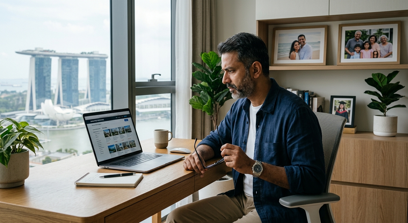 Photorealistic image of an NRI man in his 40s sitting at a modern home office desk in Dubai or Singapore, laptop open sh