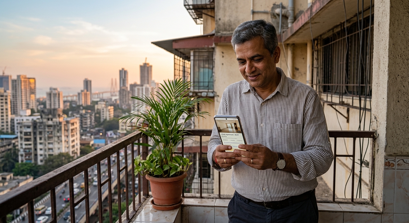 Photorealistic image of a middle-aged Indian property owner standing on the balcony of a residential apartment, holding