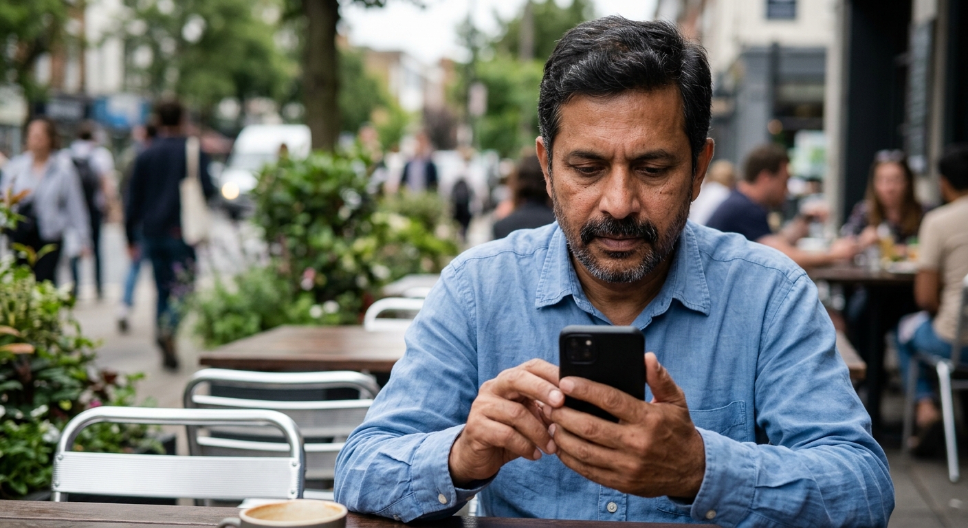 Photorealistic close-up of a middle-aged Indian man in a light blue shirt sitting at an outdoor café table, holding a sm