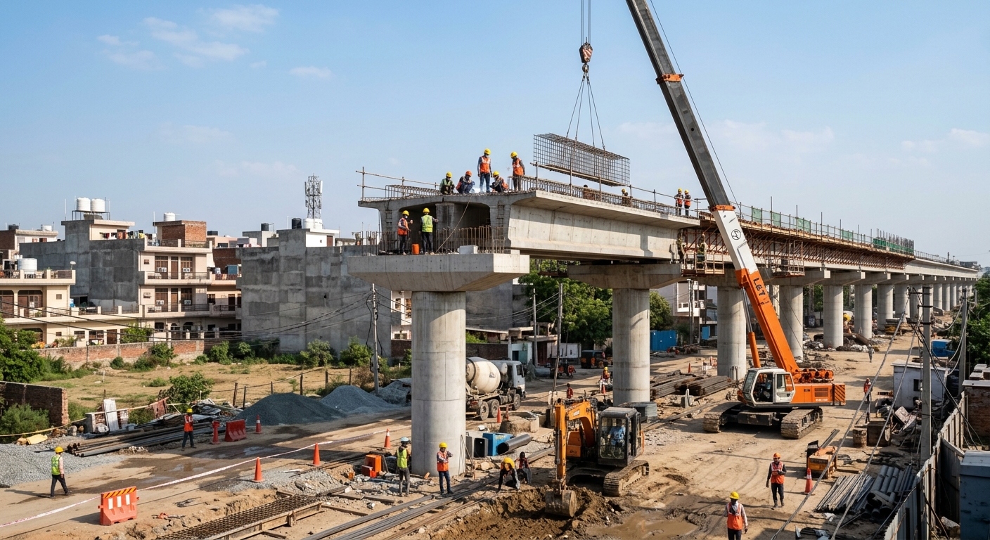 Photorealistic ground-level photograph of an Indian infrastructure construction site showing a metro line elevated track