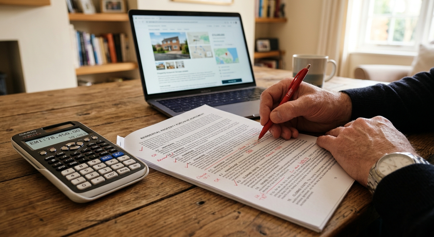 Close-up shot of hands reviewing a dense legal property agreement document on a wooden desk, with a red pen marking spec