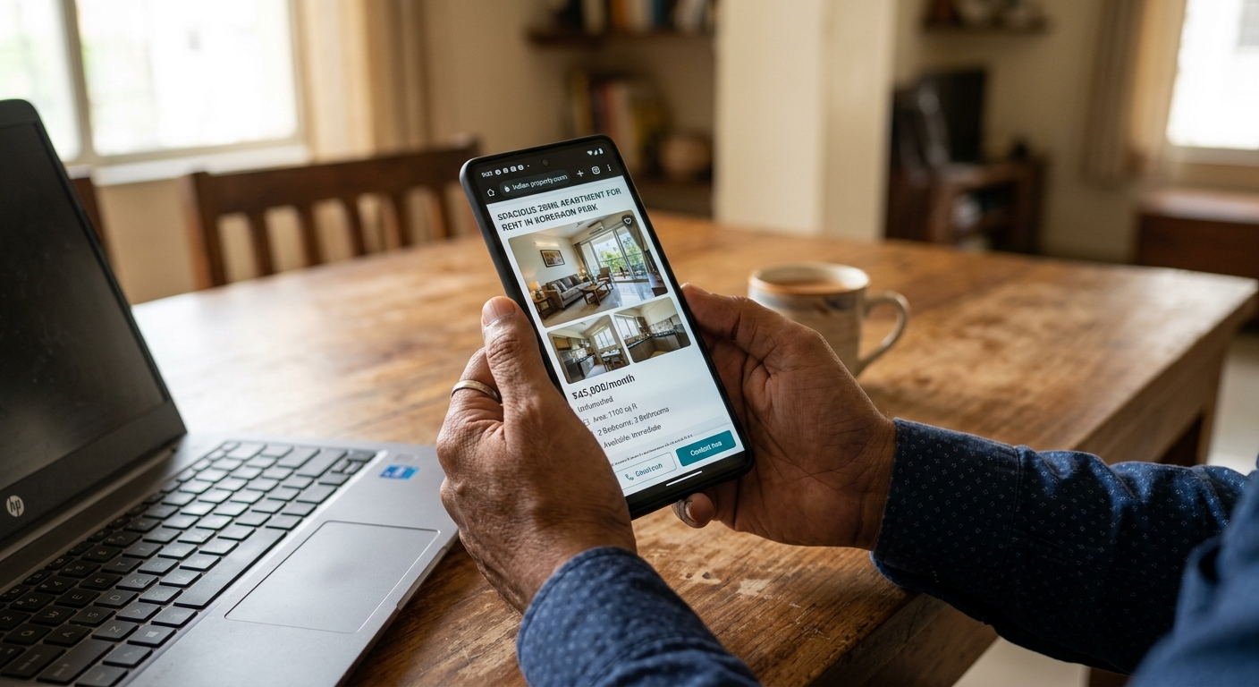 Photorealistic close-up shot of a landlord's hands holding a smartphone displaying a rental property listing page with p