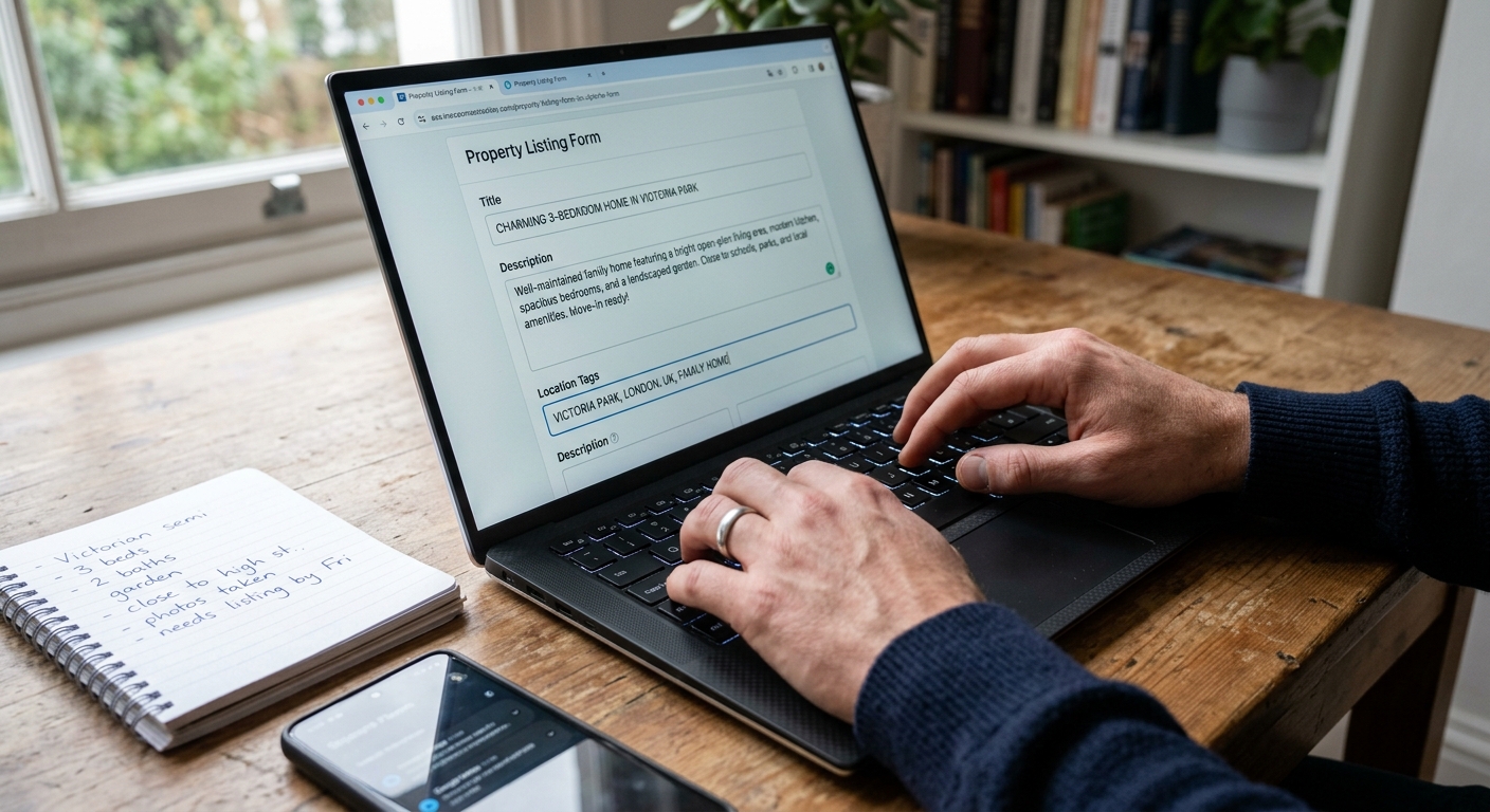 Photorealistic close-up of hands typing on a laptop keyboard with a property listing form visible on screen, showing fie