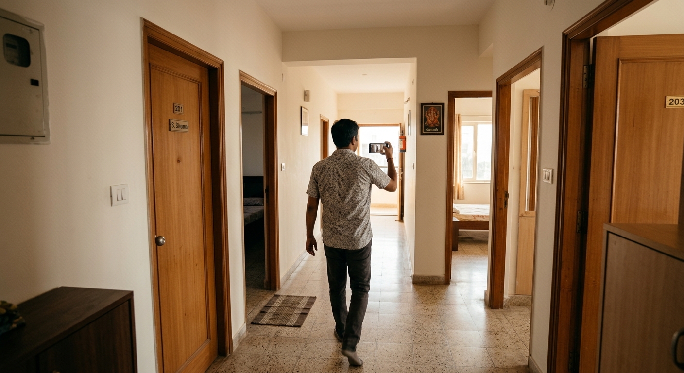 Photorealistic over-the-shoulder view from behind a person walking slowly through a spacious apartment hallway while hol