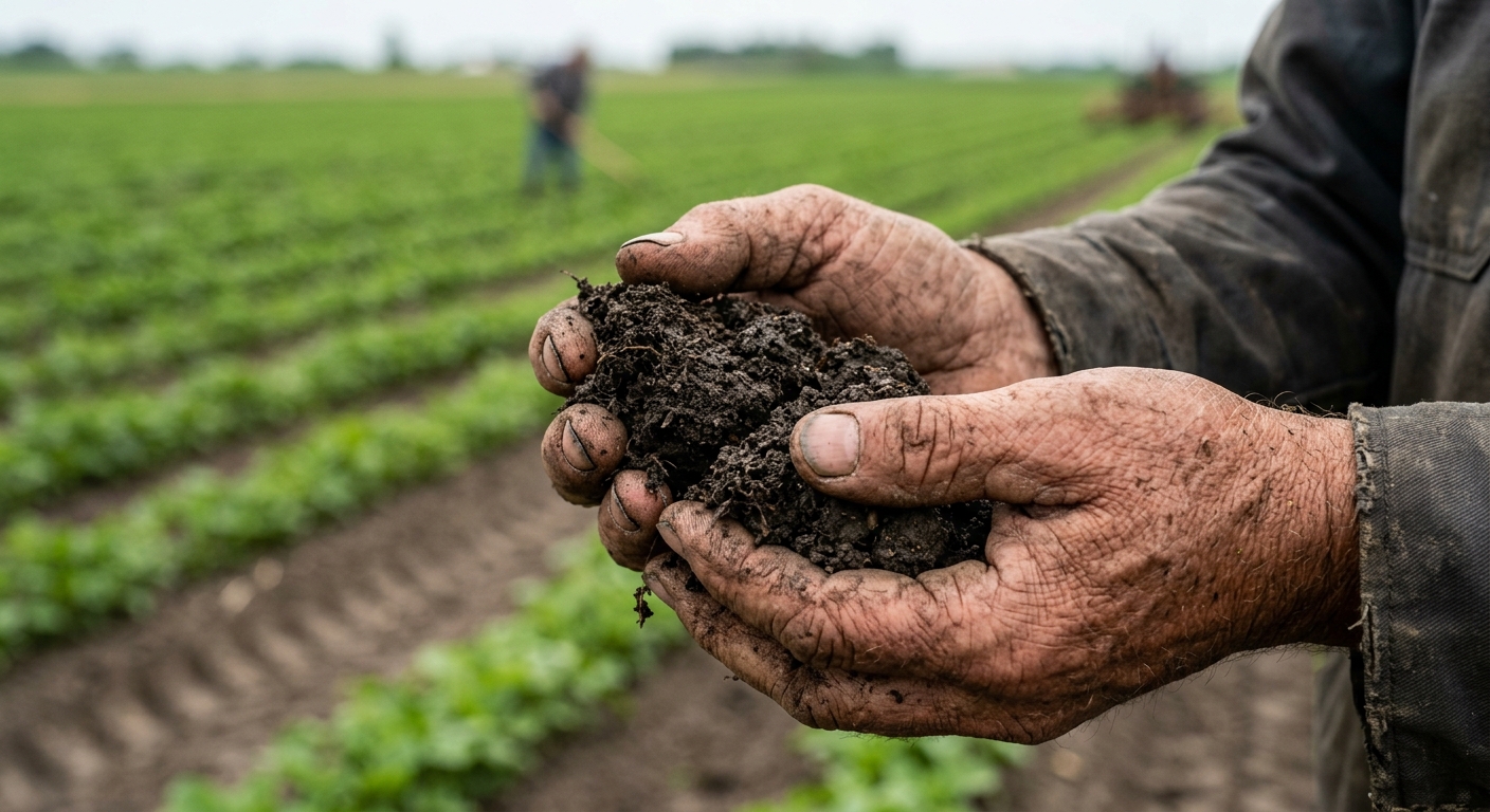 Close-up photograph of weathered hands holding soil sample over farmland plot, natural daylight, visible texture of dark
