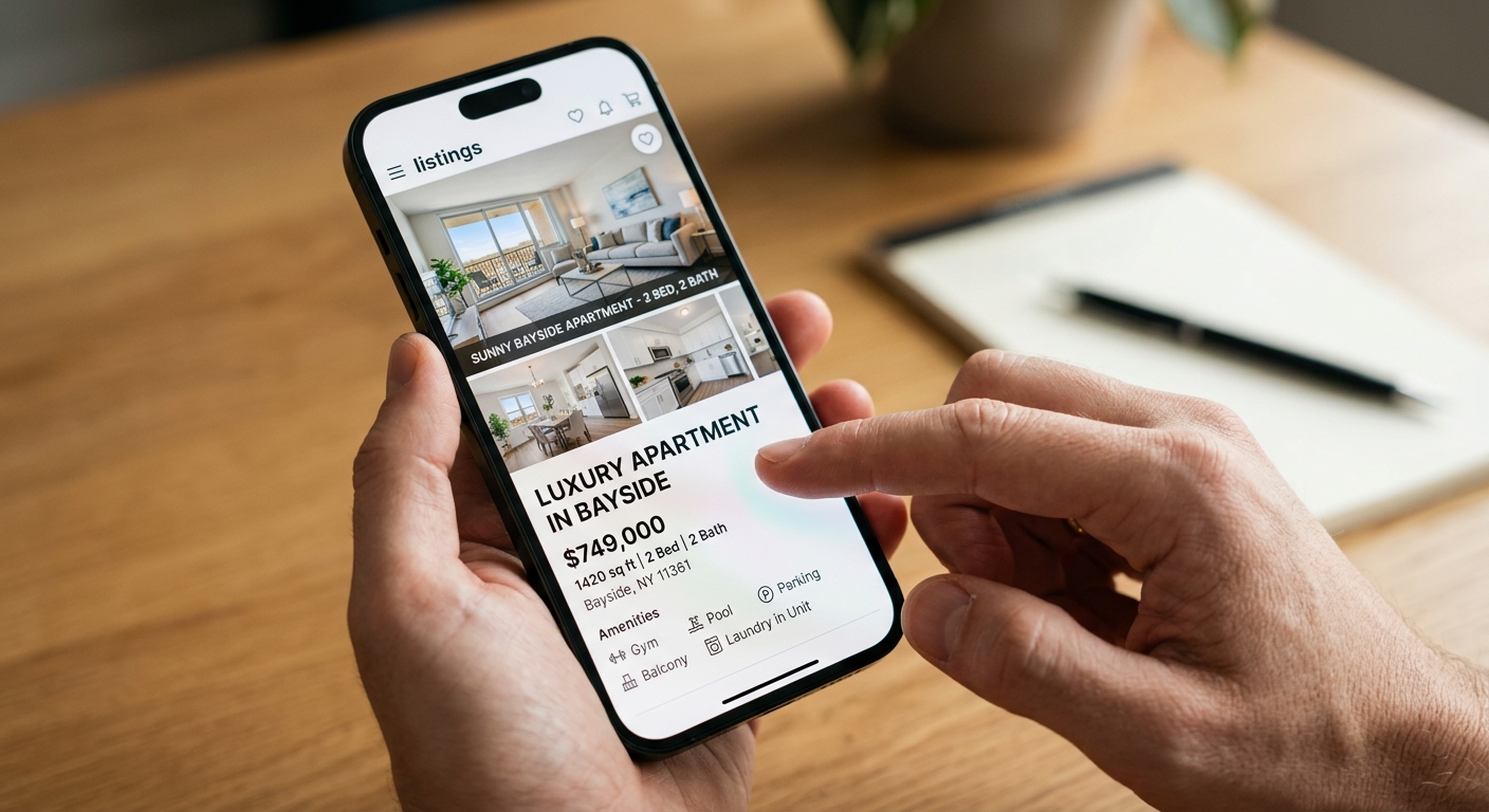 Close-up photorealistic shot of a smartphone screen displaying a clean property listing page with large photos of a resi