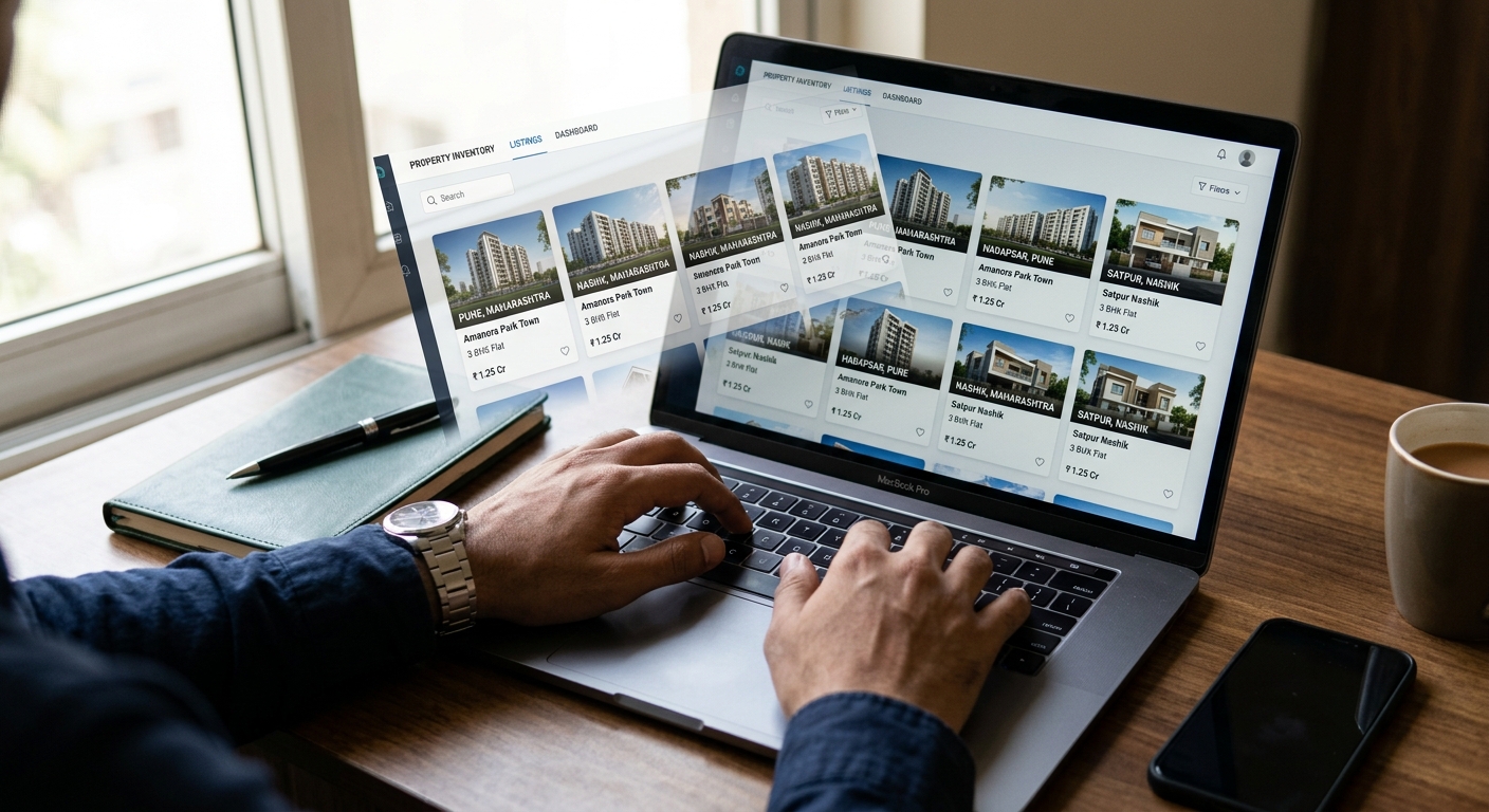 Photorealistic close-up of hands using laptop keyboard with screen displaying property inventory management interface, m