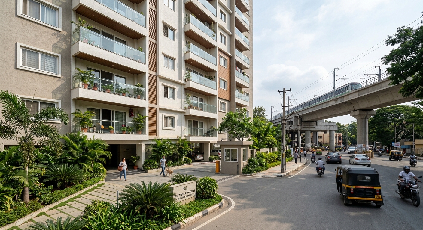 Ground-level photorealistic photograph of a modern residential apartment complex in Bangalore, showing clean contemporar