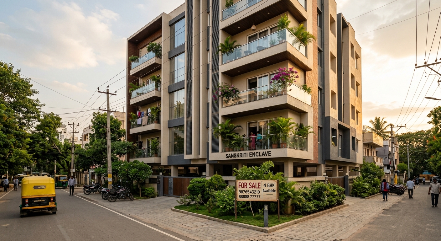 Photorealistic photograph of a modern residential property exterior during golden hour, clean architectural lines, real-