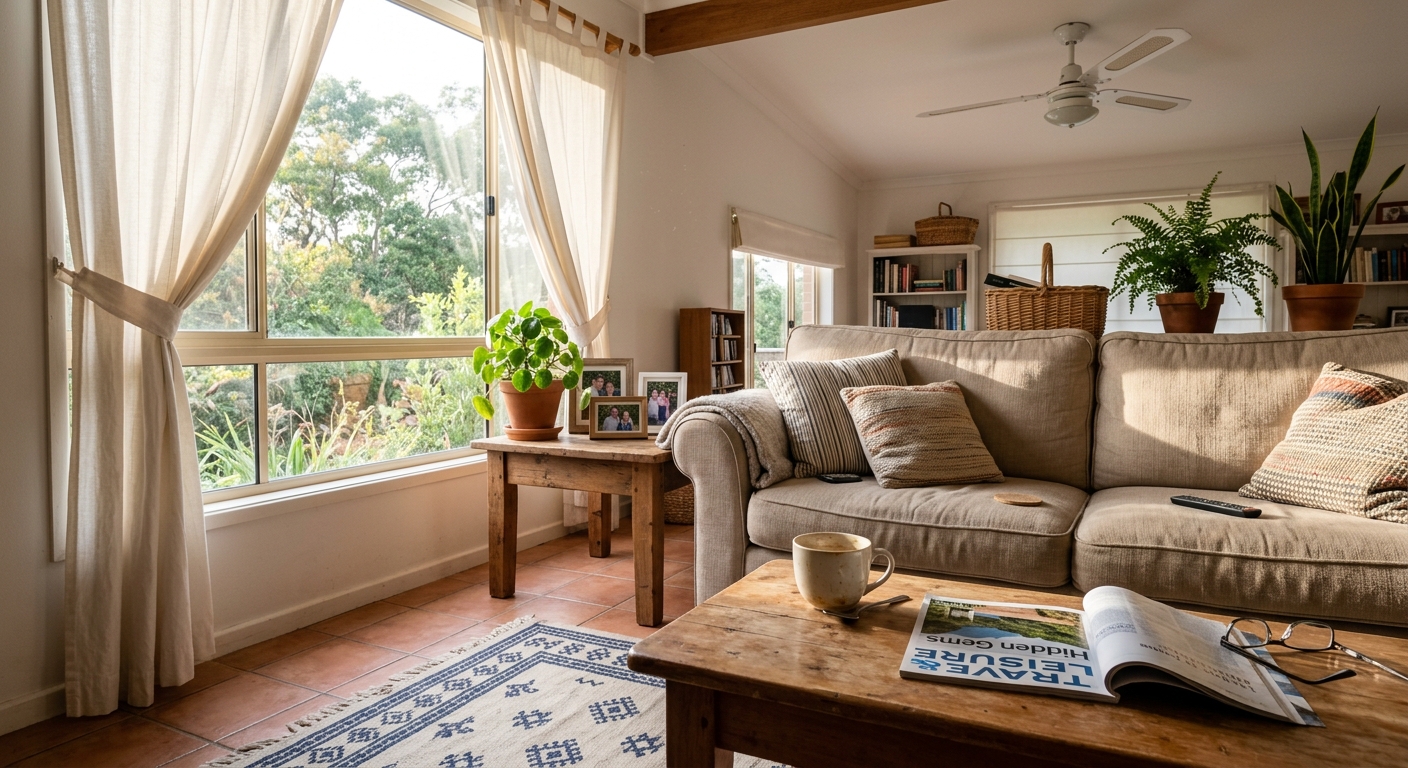 Close-up interior shot of a vacation home's small living room, afternoon light streaming through a curtained window, a l