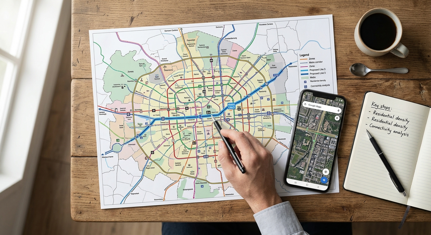 Photorealistic overhead photograph of a printed city master plan map spread on a wooden desk, natural window light from