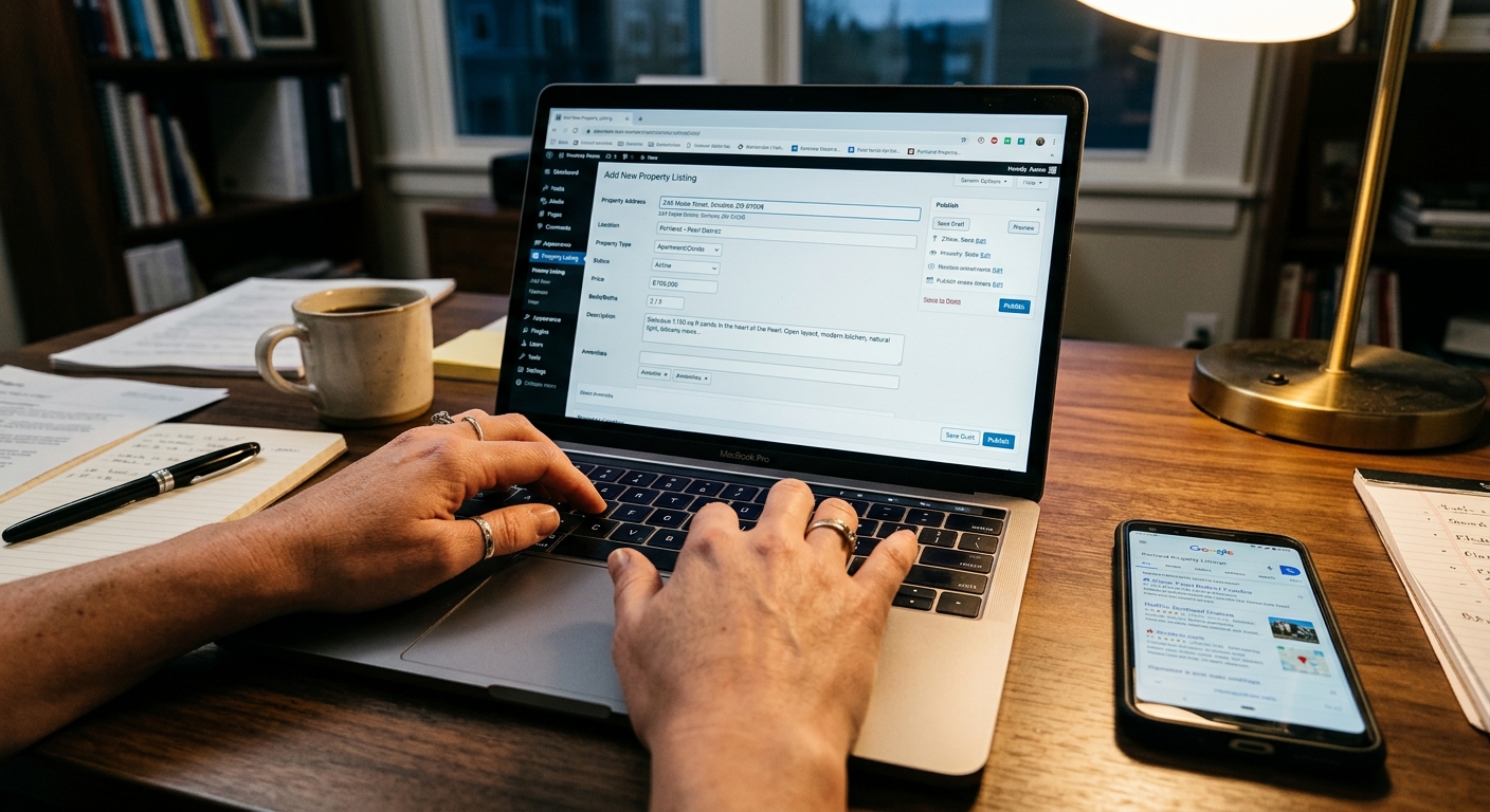 Photorealistic close-up of hands typing on a laptop keyboard, screen showing a property listing form being edited with l