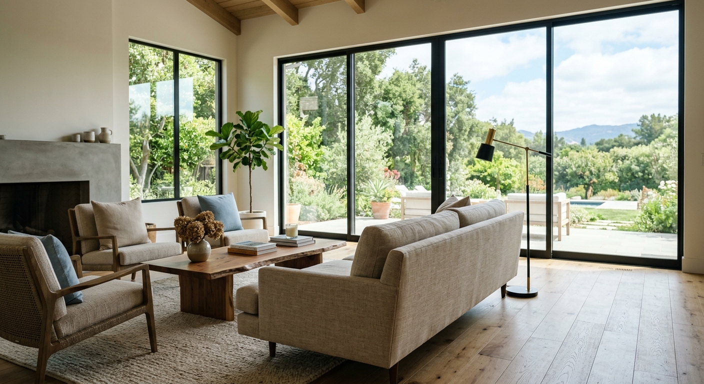 Close-up interior view of a spacious villa living room with floor-to-ceiling windows, natural daylight streaming in, con